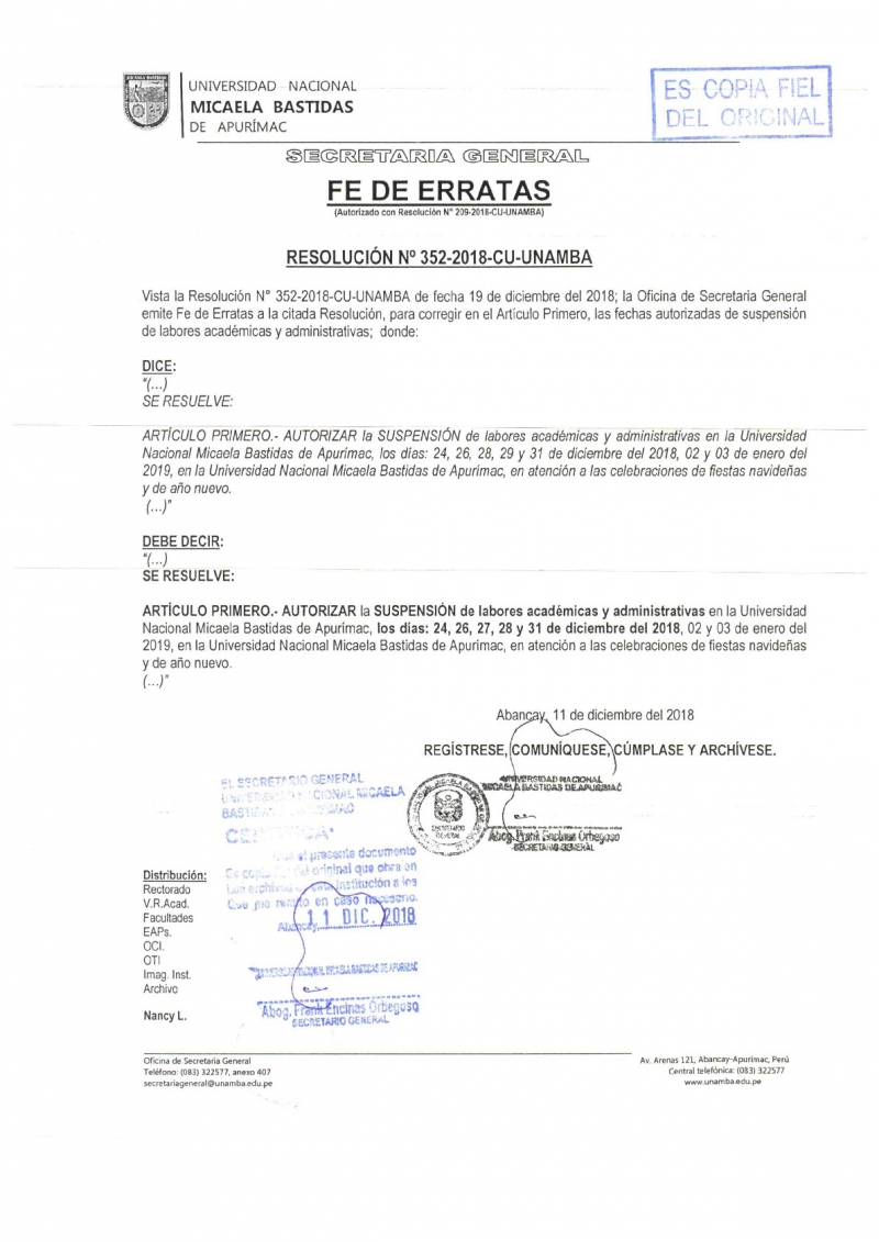 Unamba suspende sus labores académicas y administrativas a partir del 24 de enero de 2018, hasta el 03 de enero de 2019