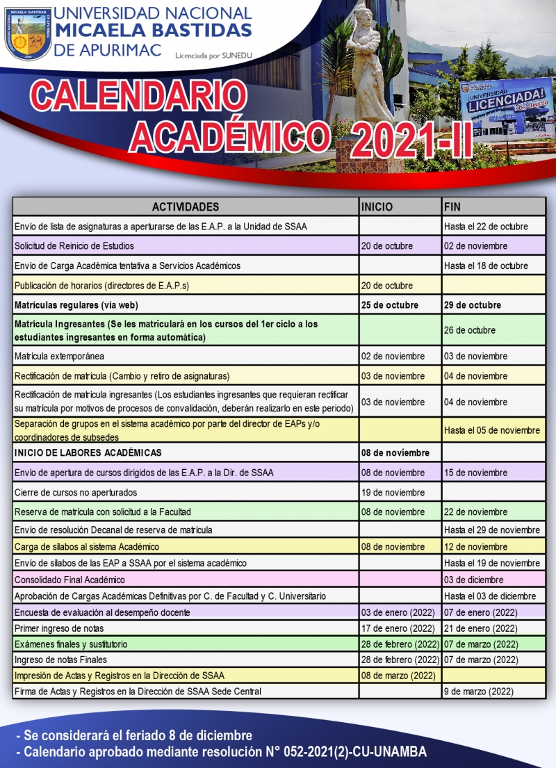 CALENDARIO ACADÉMICO SEMESTRE 2021-II