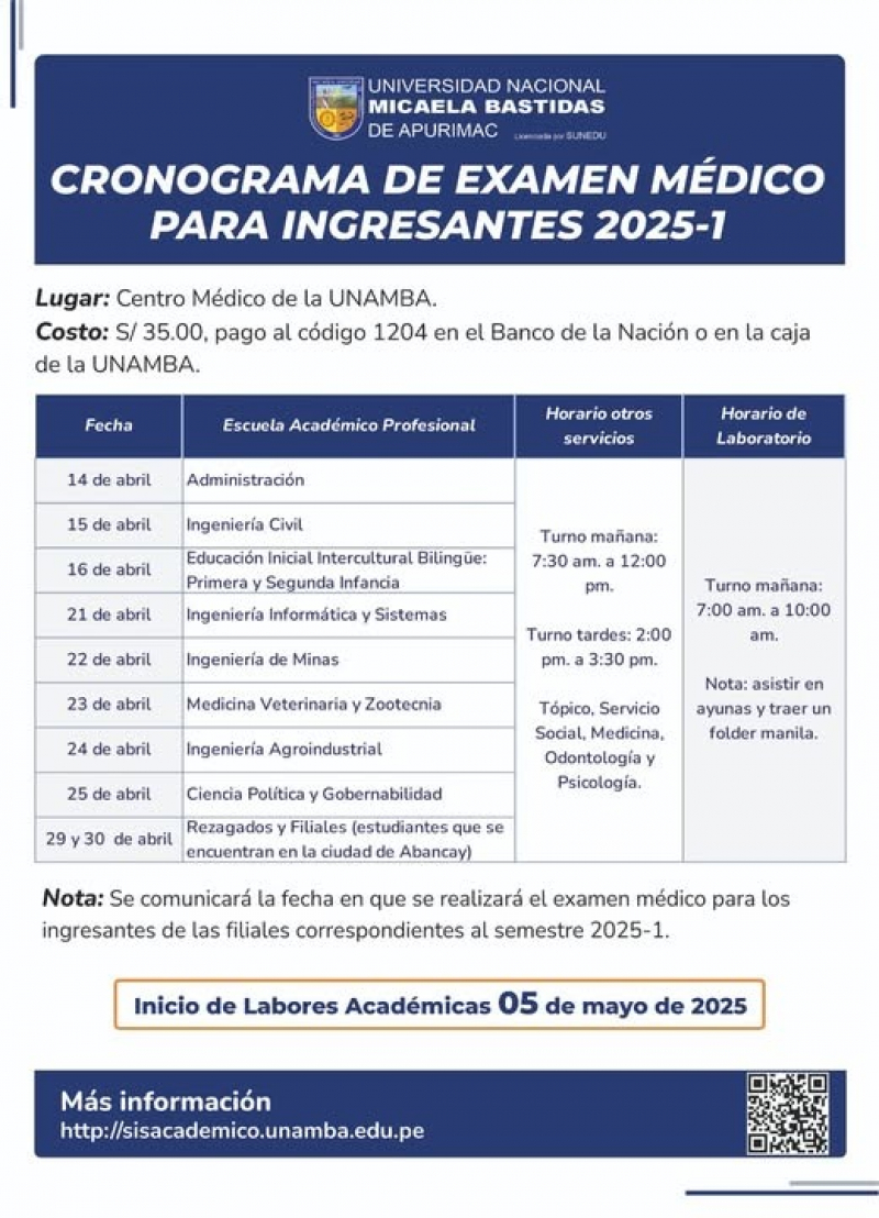 UNAMBA: Cronograma de Examen Médico para ingresantes 2025-1