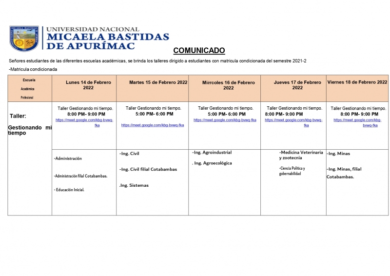 HORARIO DE LOS TALLERES DEL SERVICIO DE PSICOPEDAGOGÍA PARA ESTUDIANTES CON MATRICULA CONDICIONADA Y BECARIOS SEMESTRE 2021-II