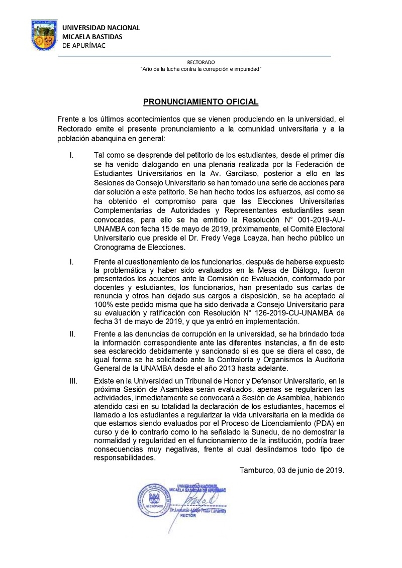 PRONUNCIAMIENTO OFICIAL