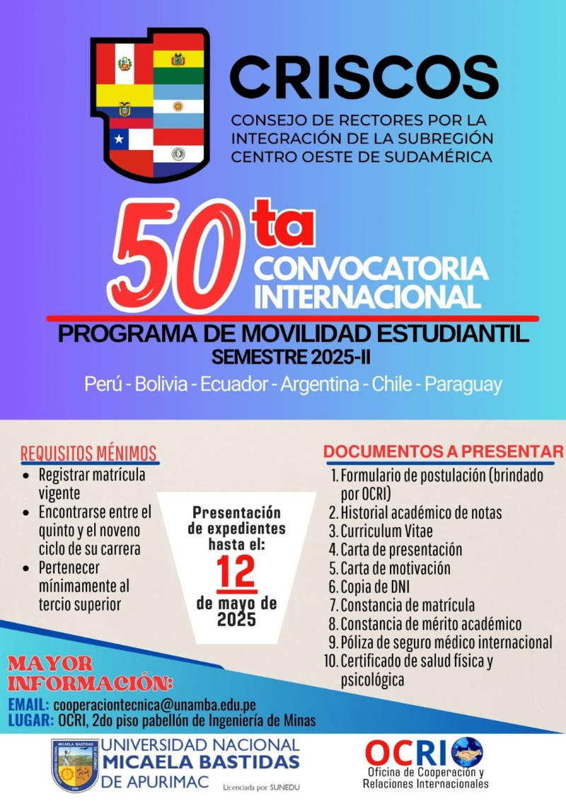 Programa de Movilidad Estudiantil - 50ta Convocatoria Internacional  2025 CRISCOS