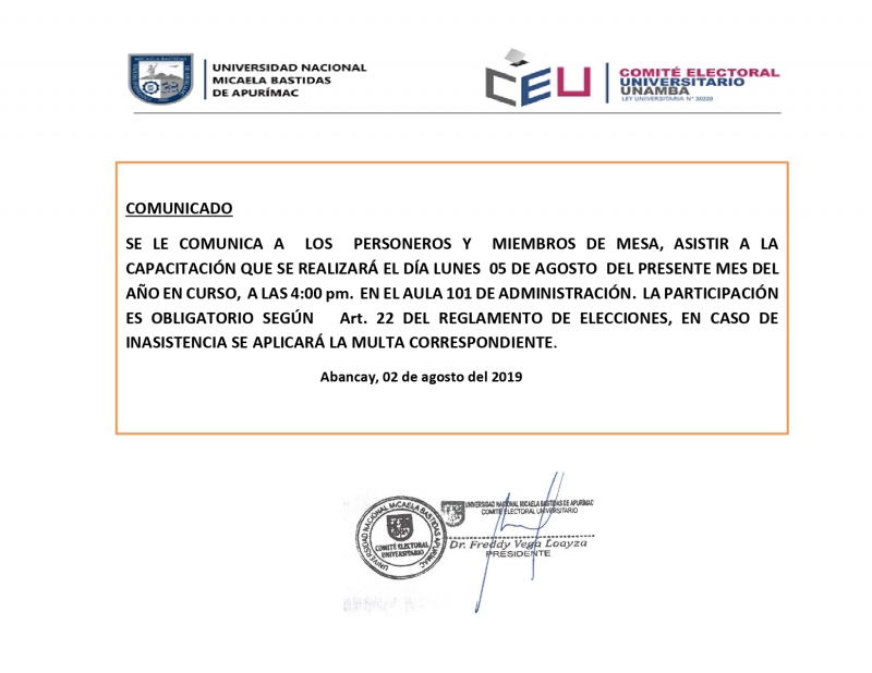 Comunicado para Personeros y Miembros de Mesa cuya participación es obligatoria con multa de acuerdo al Reglamento.