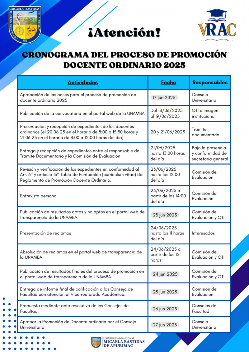Cronograma del proceso de PROMOCIÓN del DOCENTE ORDINARIO de la UNAMBA