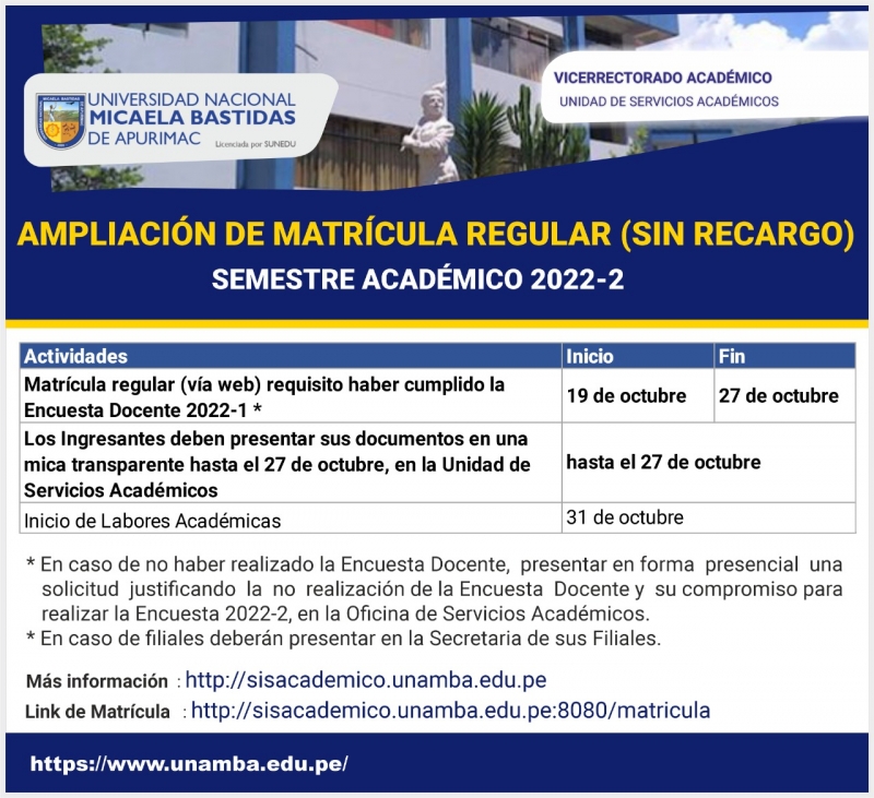 AMPLIACIÓN DE MATRÍCULA REGULAR  2022-2