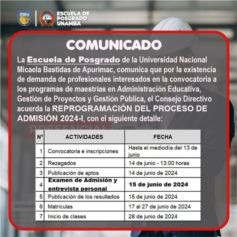 Reprogramación del proceso de admisión 2024-I de la Escuela Posgrado