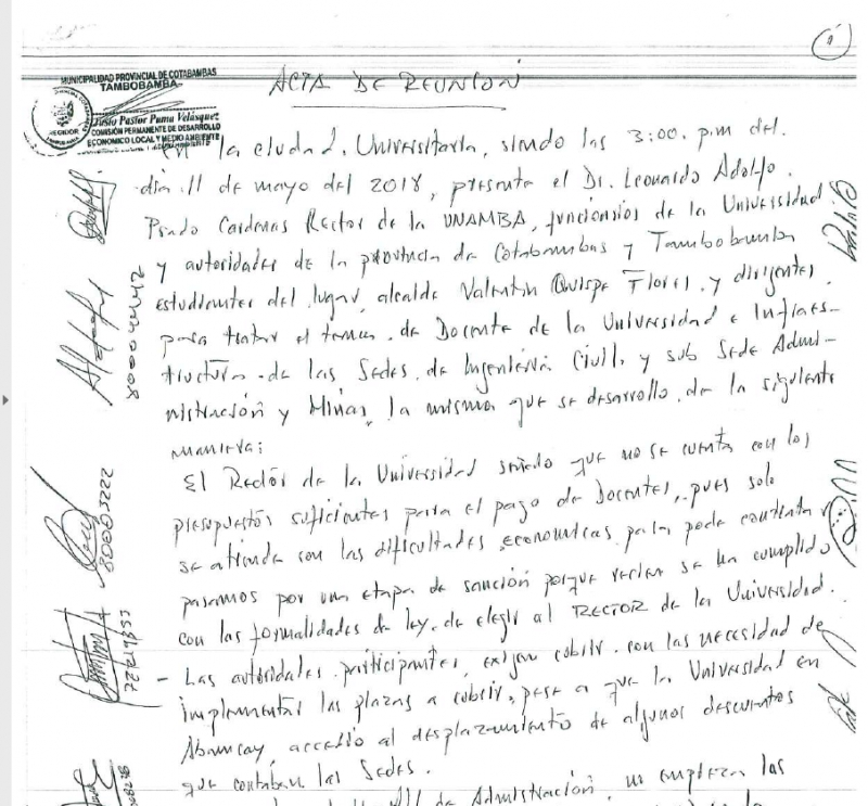 Acta de Reunión de Autoridades y estudiantes  de Tambobamba con autoridades universitarias