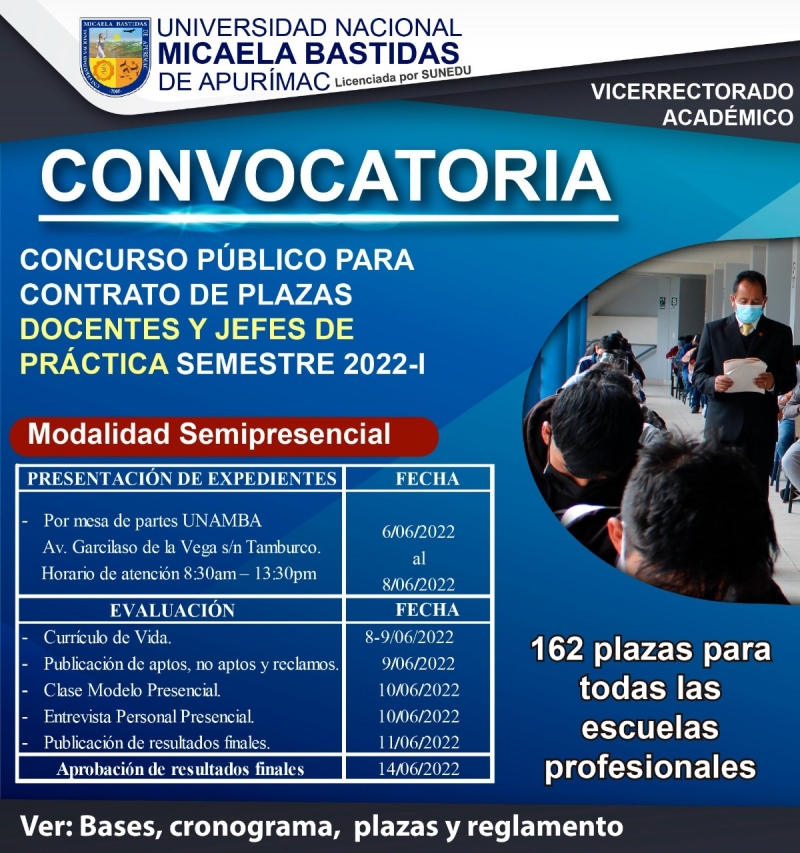 Convocatoria a Concurso Público para Contrato de Plazas Docentes y Jefes de Práctica, Semestre 2022-1