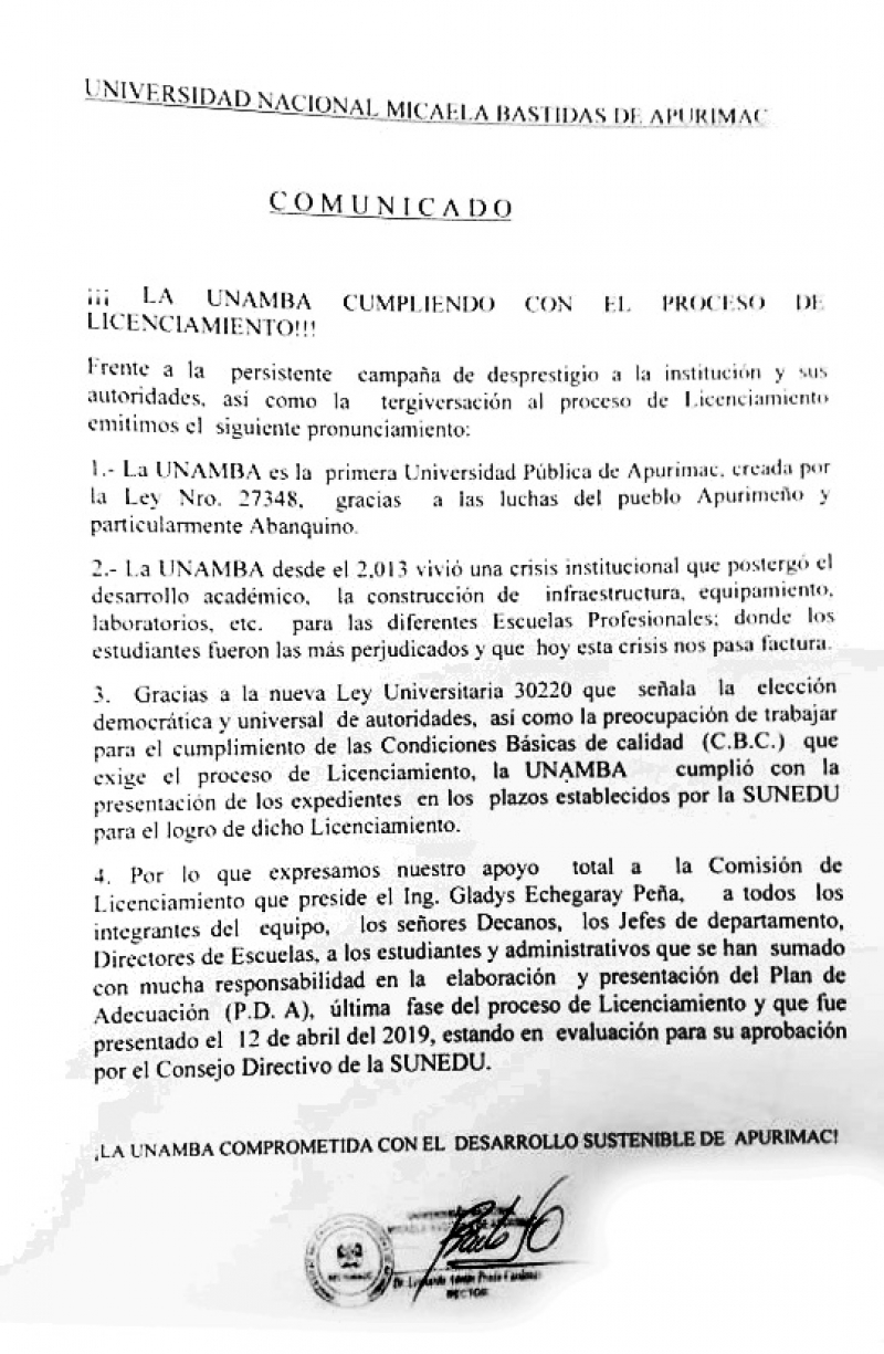 Comunicado UNAMBA